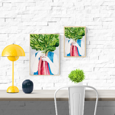 Watercolor art print of a white figure holding a large pink rhubarb stalk with oversized green leaves covering their face – Rhubarb by Kim Timmermans, A4 and A3 sizes, printed on high-quality Munken paper.
