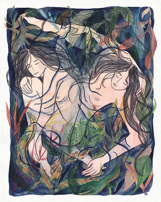 Art print “Entangled” by Kim Timmermans, watercolor and pencil illustration of intertwined female figures and plants, intimate contemporary wall art.