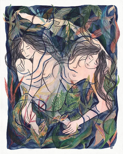 Art print “Entangled” by Kim Timmermans, watercolor and pencil illustration of intertwined female figures and plants, intimate contemporary wall art.