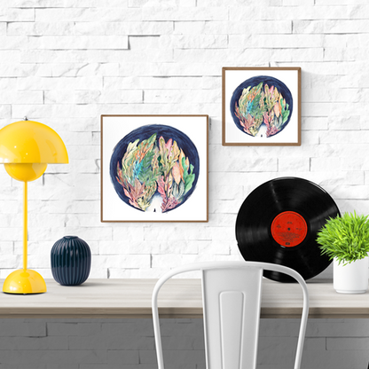 Bos illustration by Kim Timmermans – whimsical forest-inspired art print featuring a small figure entering a lush, colorful foliage tunnel, dreamlike watercolor drawing perfect for nature lovers and tranquil interior decor, available at Galerie Frits