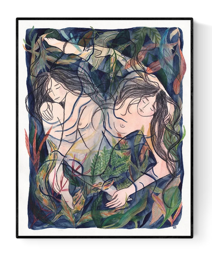 "Entangled" by Kim Timmermans – expressive art print of two intertwined nude female figures immersed in lush botanical foliage, symbolizing connection and intimacy, perfect for collectors of emotional, nature-inspired contemporary art, available at Galerie Frits