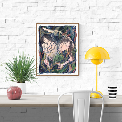"Entangled" by Kim Timmermans – expressive art print of two intertwined nude female figures immersed in lush botanical foliage, symbolizing connection and intimacy, perfect for collectors of emotional, nature-inspired contemporary art, available at Galerie Frits