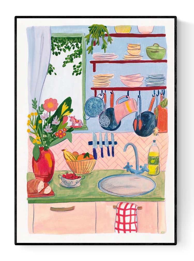 Whimsical and colorful kitchen art print titled "Home" by Kim Timmermans, featuring flowers, dishes, fruits, and everyday kitchen items in a cozy domestic setting – printed on 300g paper, available in A3 and A4 sizes.