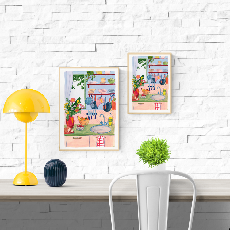 Whimsical and colorful kitchen art print titled "Home" by Kim Timmermans, featuring flowers, dishes, fruits, and everyday kitchen items in a cozy domestic setting – printed on 300g paper, available in A3 and A4 sizes.