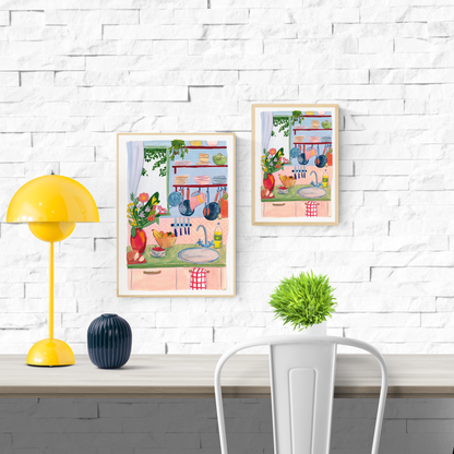 Whimsical and colorful kitchen art print titled "Home" by Kim Timmermans, featuring flowers, dishes, fruits, and everyday kitchen items in a cozy domestic setting – printed on 300g paper, available in A3 and A4 sizes.
