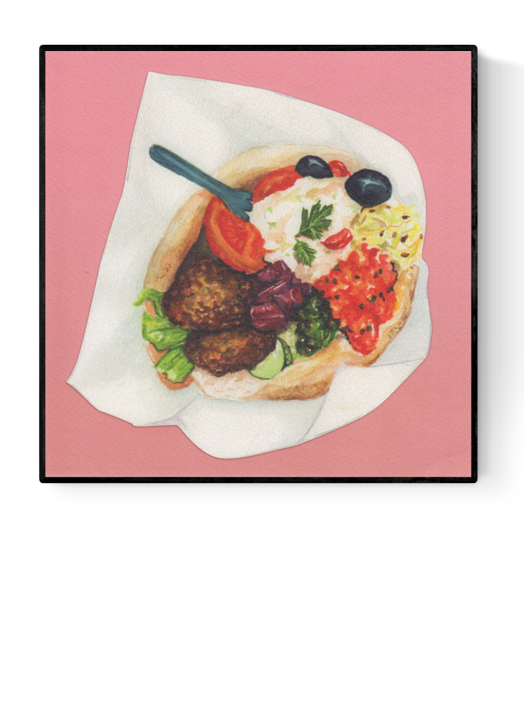 "Falafel" by Kim Timmermans – vibrant watercolor illustration of a fresh falafel pita filled with colorful vegetables, olives, hummus, and herbs on a pink background, perfect for food art lovers and modern kitchen wall decor, available at Galerie Frits