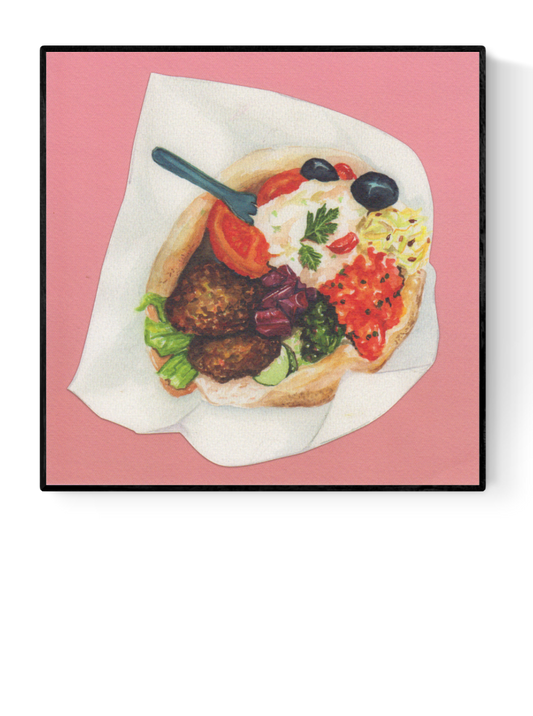 "Falafel" by Kim Timmermans – vibrant watercolor illustration of a fresh falafel pita filled with colorful vegetables, olives, hummus, and herbs on a pink background, perfect for food art lovers and modern kitchen wall decor, available at Galerie Frits