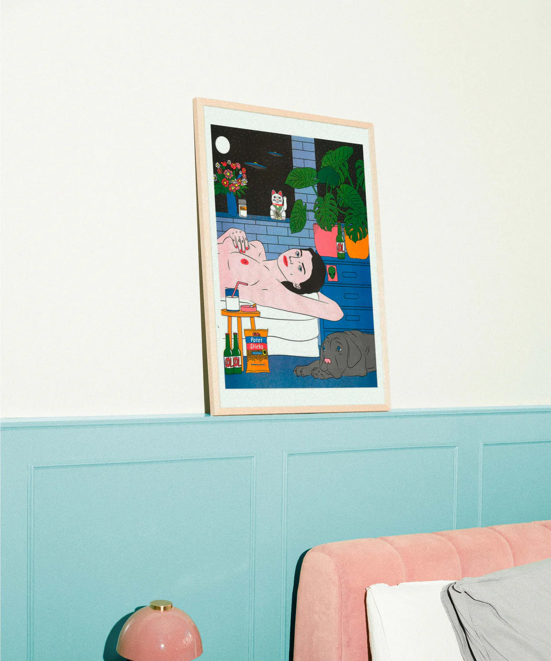 Colorful risograph illustration by Kine Andersen showing a woman lying in a bathtub at night with a dog, plants, beer bottles, and UFOs in the sky. A surreal, pop-art style scene exploring solitude, femininity, and modern life through vivid red, blue, and green tones.