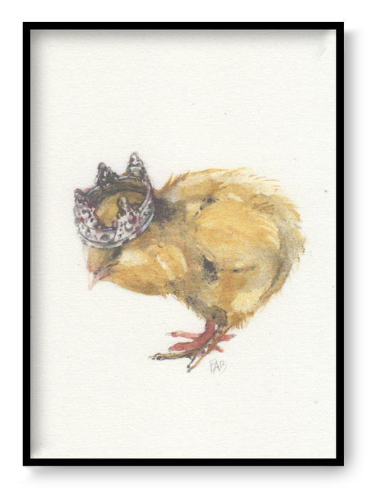 King Chick A6 art print by FAB, small surreal chick illustration with crown on Munken Pure paper, Belgian fine art mini print.