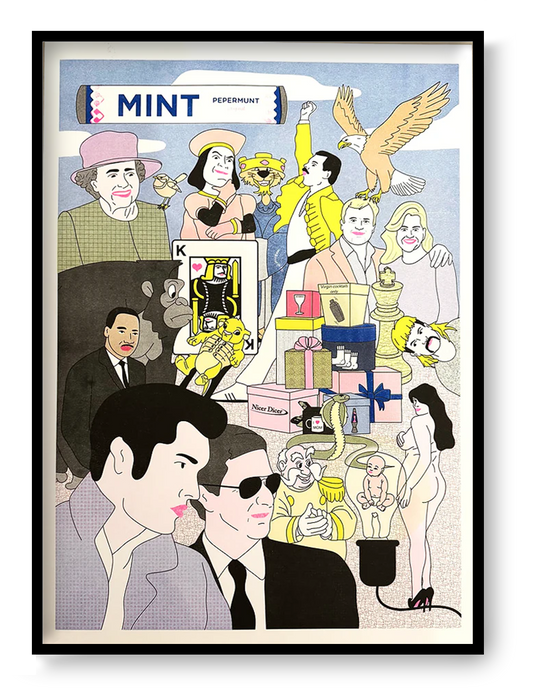 Large A2 risograph art print “Kings” by Studio Stoutpoep, bold satirical Belgian illustration featuring pop culture figures and surreal collage composition, printed in Belgium