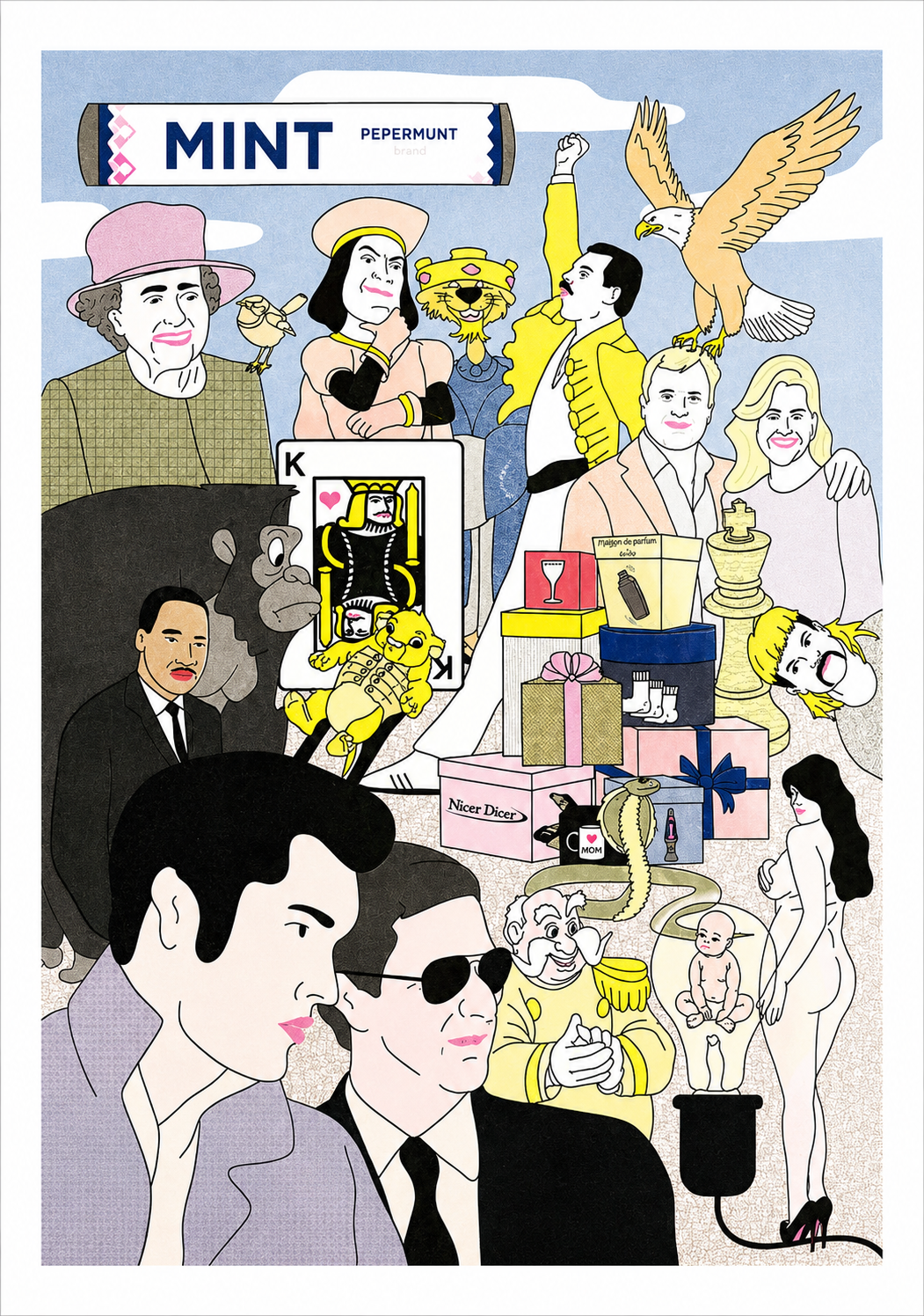 Colorful risograph art print featuring a surreal collage of pop culture icons and absurd characters, titled “Kings” by Studio Stoutpoep – A2 print made in Belgium.