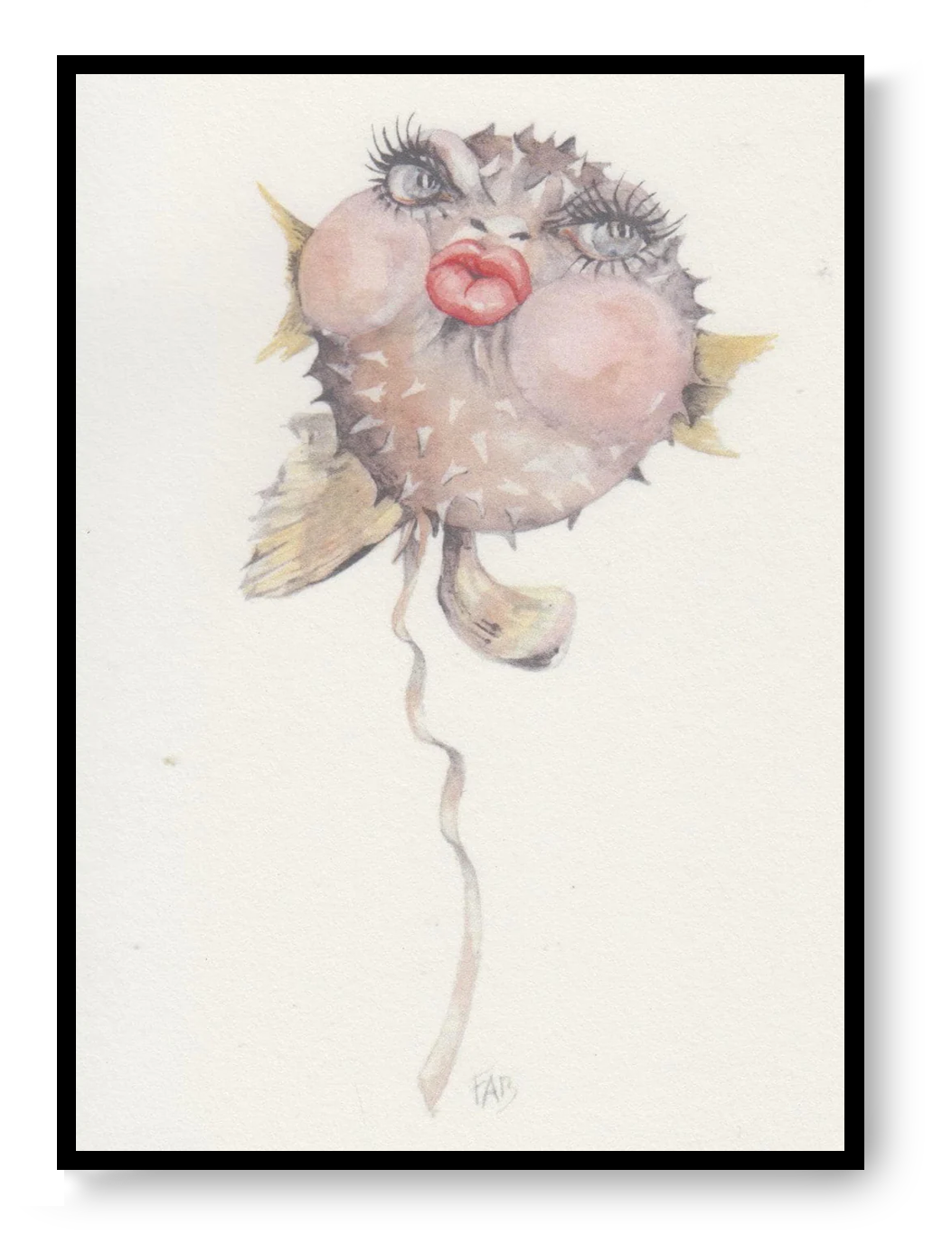 A6 digital watercolor art print titled “Kiss” by Belgian illustrator FAB, featuring a surreal pufferfish with human eyelashes and red lips, printed on Munken Pure Rough paper.