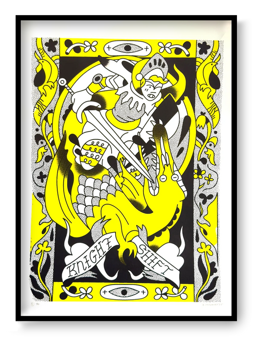 A3 limited edition screen print titled Knight Shift by Belgian illustrator Auwnanas featuring bold yellow and black graphic illustration with medieval knight and dragon in contemporary style.