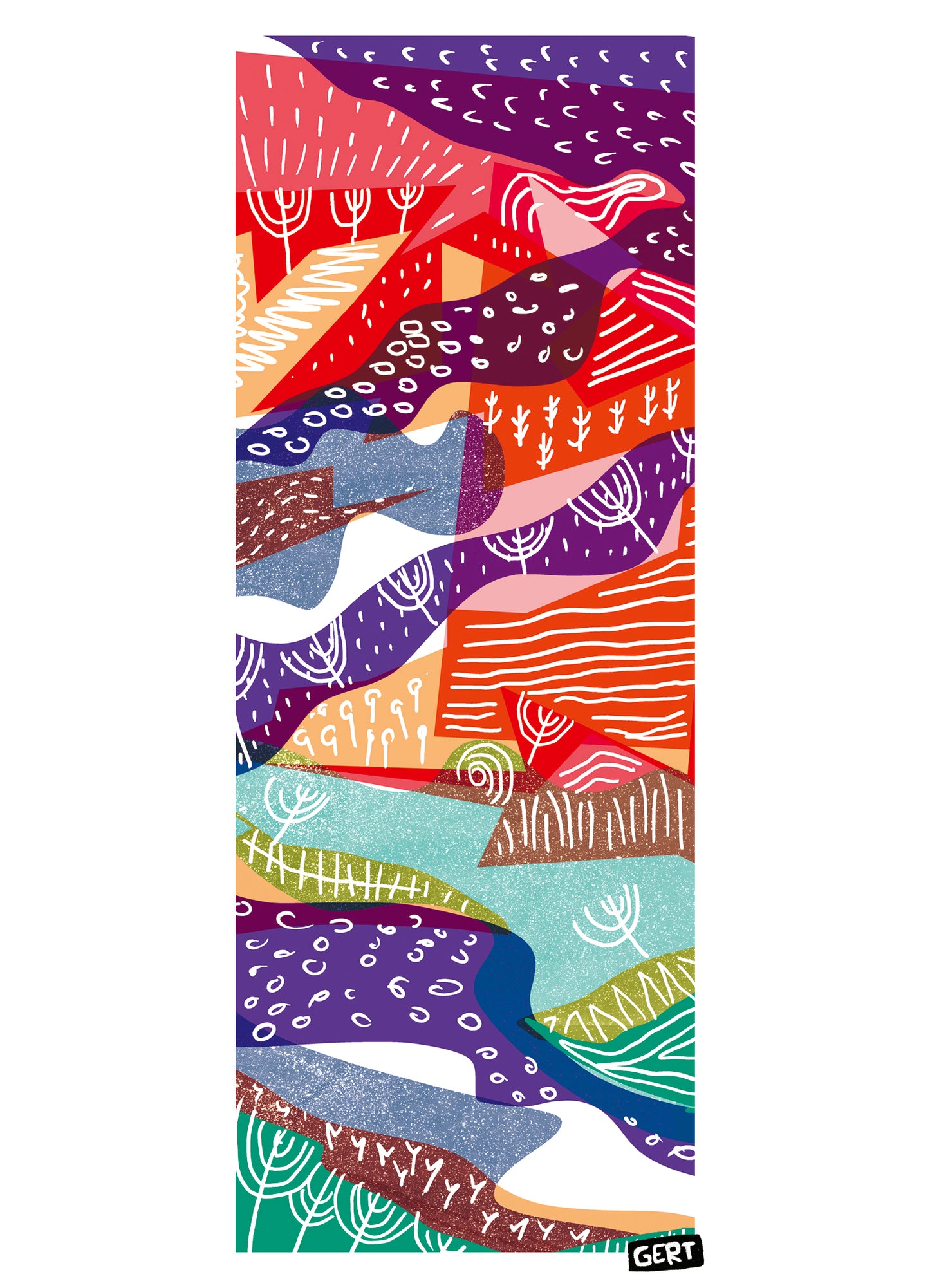Landscape 1 by Gert Paenen, colorful abstract landscape art print featuring flowing organic shapes, vibrant red, purple, orange, turquoise and green tones, modern graphic illustration for contemporary wall decor, small 13x18 cm art print for home, office and creative interiors.
