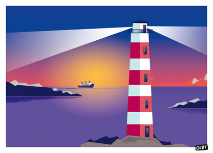 Lighthouse 2 by Gert Paenen, colorful lighthouse art print featuring a red and white striped lighthouse overlooking a calm sea at sunset, modern coastal wall art in vibrant blue, pink, purple and orange tones, digital illustration for contemporary home decor.