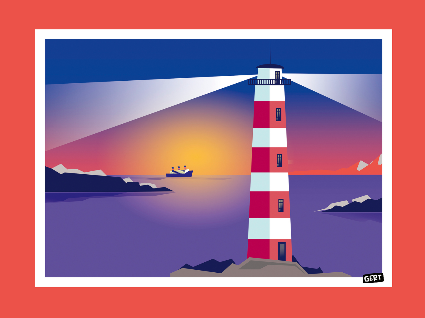 Lighthouse 2 by Gert Paenen, colorful lighthouse art print featuring a red and white striped lighthouse overlooking a calm sea at sunset, modern coastal wall art in vibrant blue, pink, purple and orange tones, digital illustration for contemporary home decor.