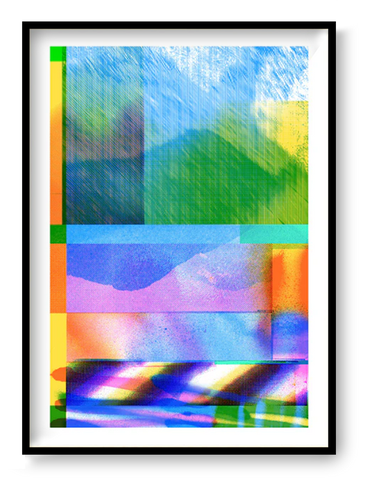 La Couleur du Reflet by Ben Coosmans – limited edition A3 risograph art print featuring layered abstract color gradients, vibrant textures and geometric blocks in blue, green, pink and yellow tones, modern contemporary wall art for design-focused interiors.