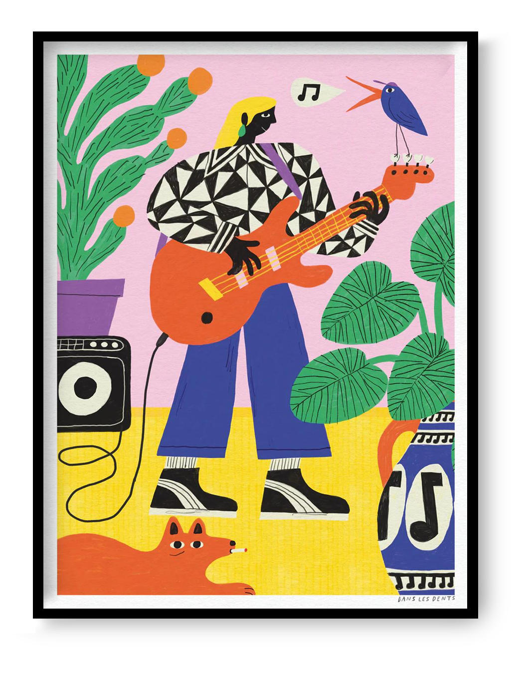 La Joueuse de basse art print by Dans les Dents 30 x 40 cm digital illustration of bass guitarist with bold colors plants amplifier and modern graphic style wall art