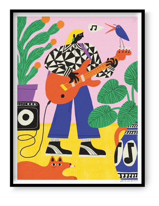 La Joueuse de basse art print by Dans les Dents 30 x 40 cm digital illustration of bass guitarist with bold colors plants amplifier and modern graphic style wall art