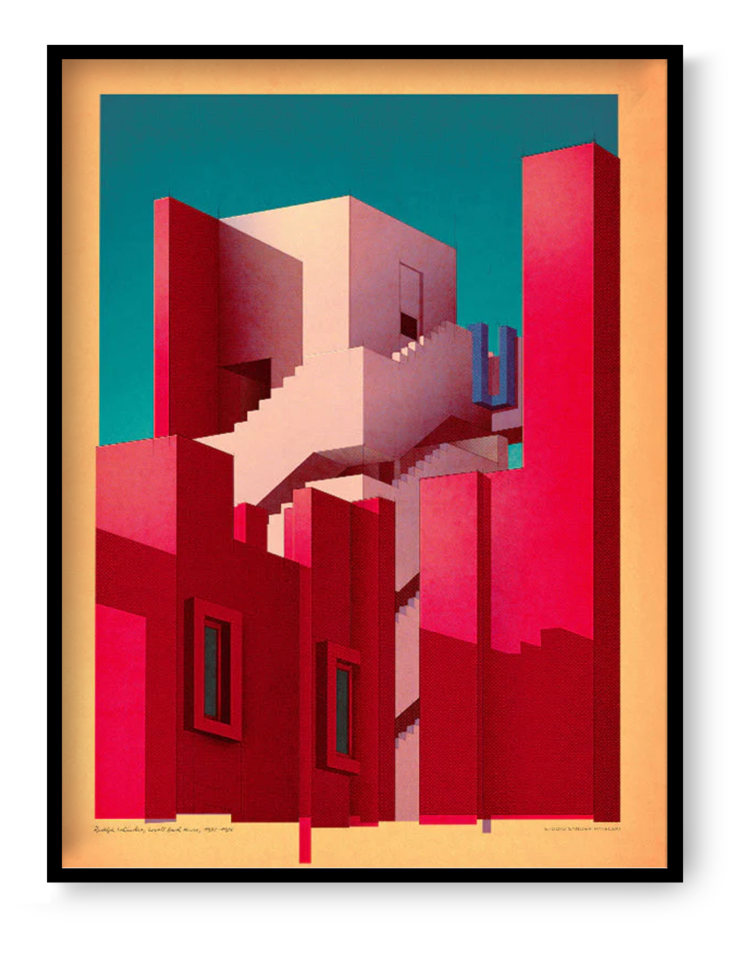 La Muralla Roja architectural art print by Studio Sander Patelski, 30x40 cm digital fine art print inspired by Ricardo Bofill, geometric red modernist building illustration for contemporary interior wall decor