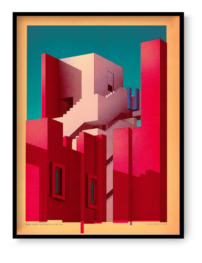 La Muralla Roja architectural art print by Studio Sander Patelski, 30x40 cm digital fine art print inspired by Ricardo Bofill, geometric red modernist building illustration for contemporary interior wall decor