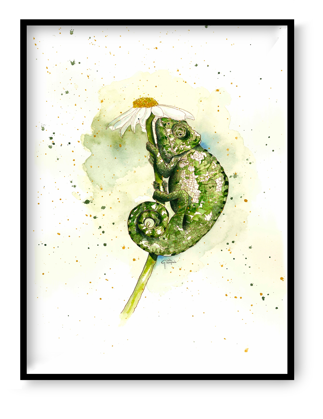 La Señora Carmen fine art giclée print by Giu Watercolor featuring a detailed green chameleon curled around a white daisy, delicate watercolor illustration, 30 x 40 cm nature wall art for modern home decor.