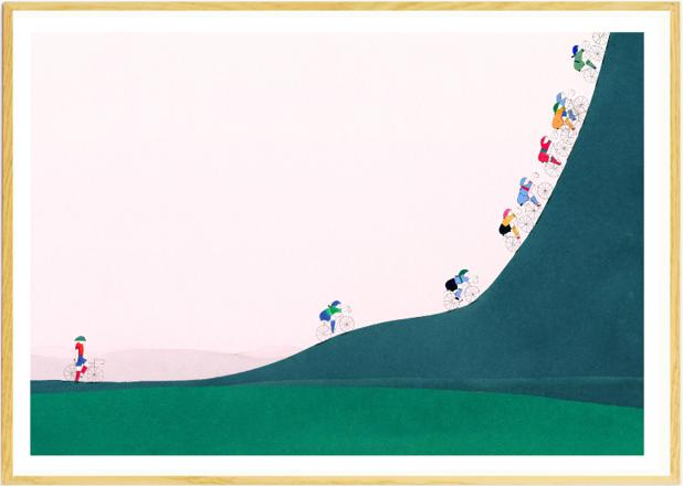Four-color risograph art print La montée by Viola Amman showing colorful cyclists climbing a steep green hill against a pale background. Minimalist, playful wall art full of motion and optimism, ideal for cycling lovers and modern interiors.