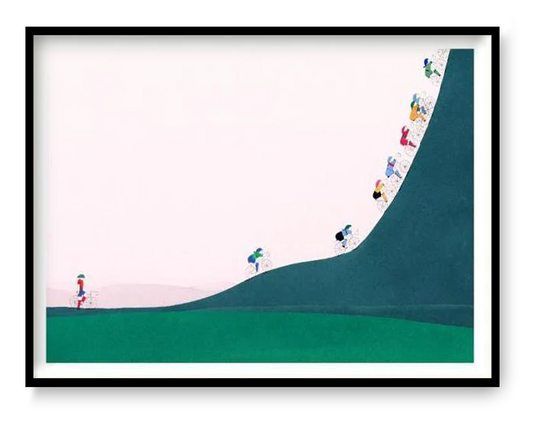 La montée risograph art print by Viola Amman, A3 4-color risograph showing cyclists climbing a steep hill, minimalist playful wall art for modern interiors.