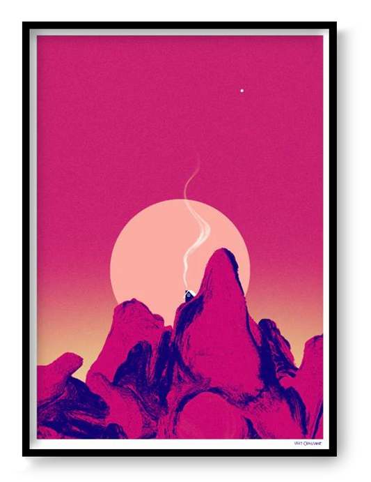 La nuit porte conseil A3 risograph print by Kathleen Wijns featuring magenta surreal landscape with glowing moon, contemporary limited edition wall art