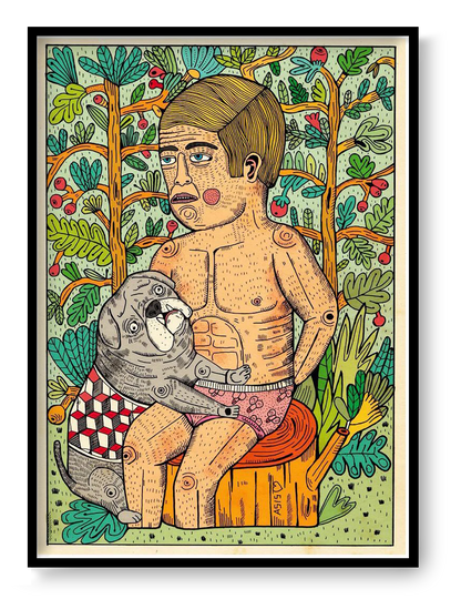 La perrita Canela A3 digital art print by Asis Percales featuring surreal tattoo-inspired illustration with bold lines, vibrant colors, and contemporary eclectic wall art style.