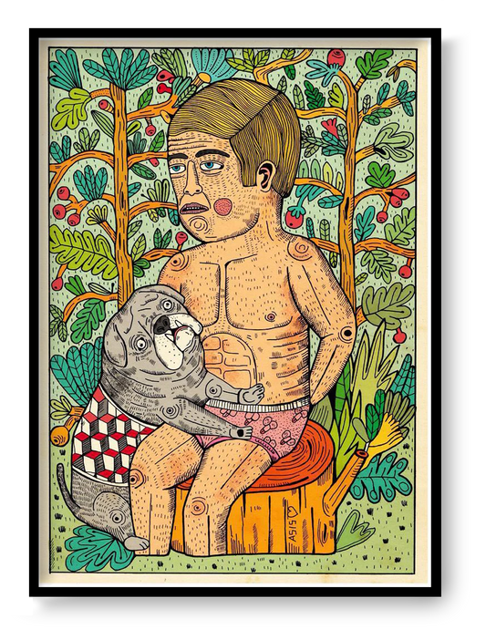 La perrita Canela A3 digital art print by Asis Percales featuring surreal tattoo-inspired illustration with bold lines, vibrant colors, and contemporary eclectic wall art style.