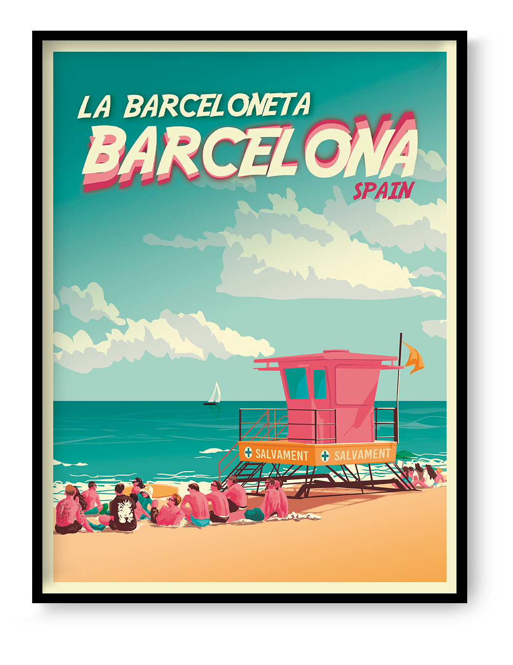 Barcelona La Barceloneta travel poster by Studio Frits featuring beach scene with lifeguard tower, people relaxing on the sand, and Mediterranean sea in retro summer style