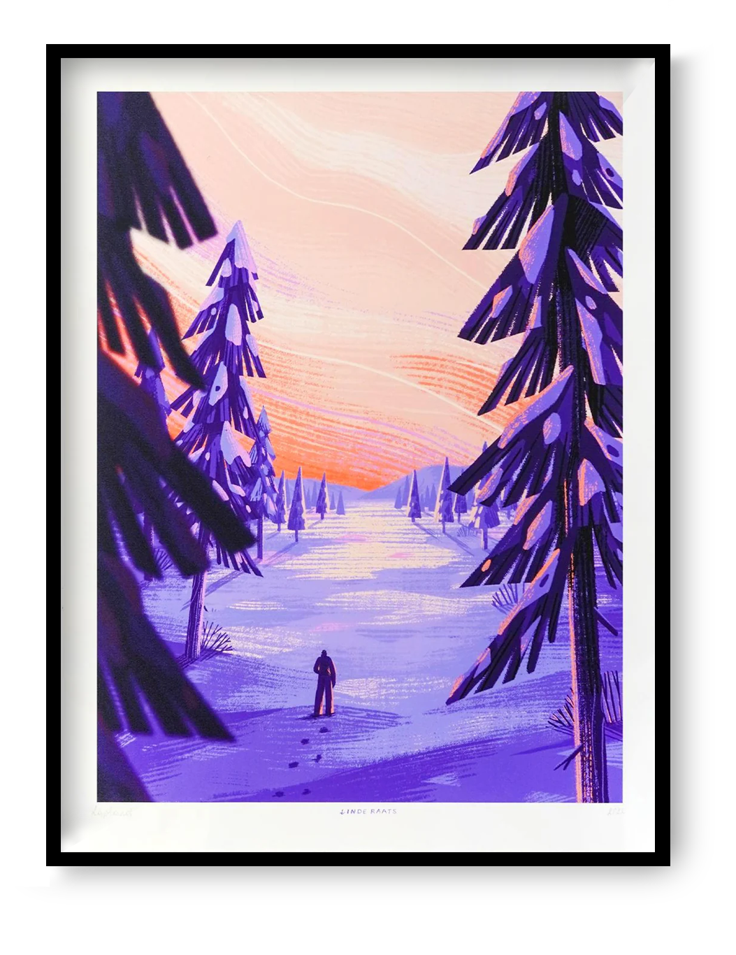 Linde Raats Lapland 30x40 cm giclée art print featuring a Nordic winter landscape in purple and pink tones with pine trees and sunset sky, contemporary wall art for modern interiors