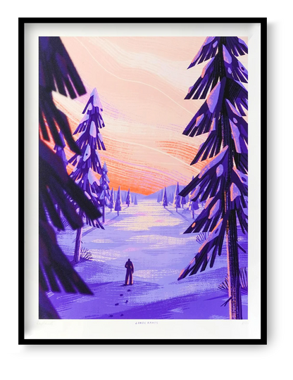 Linde Raats Lapland 30x40 cm giclée art print featuring a Nordic winter landscape in purple and pink tones with pine trees and sunset sky, contemporary wall art for modern interiors