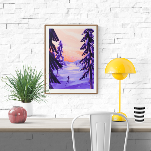 Art print titled Lapland by Belgian illustrator Linde Raats, featuring a snowy forest scene at sunset with purple and pink hues – 30 x 40 cm giclée print made in Belgium.