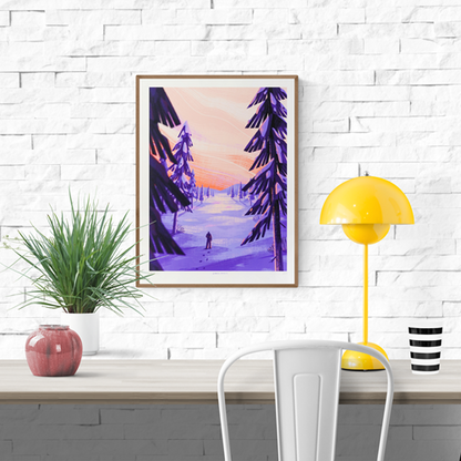 Art print titled Lapland by Belgian illustrator Linde Raats, featuring a snowy forest scene at sunset with purple and pink hues – 30 x 40 cm giclée print made in Belgium.