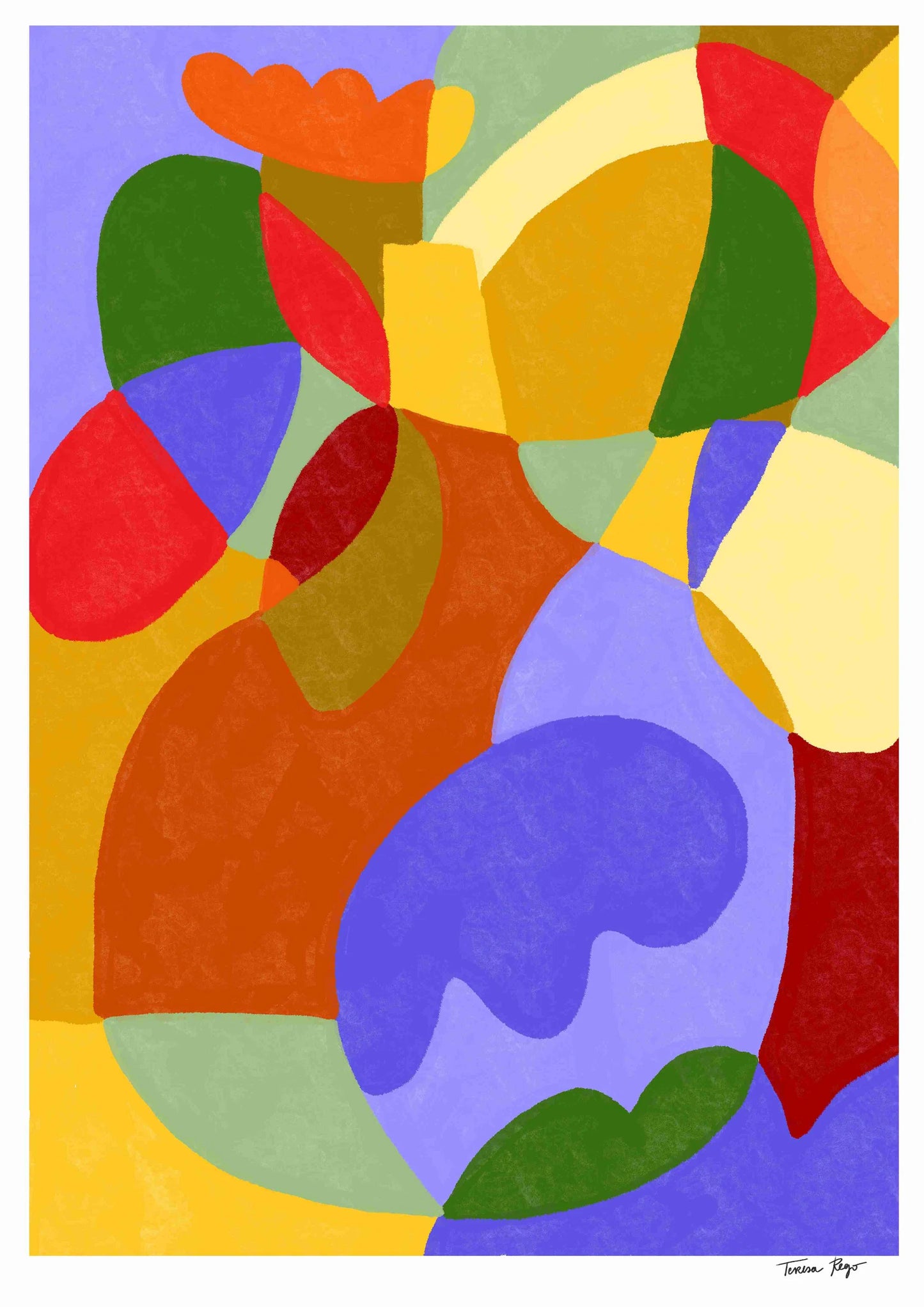Abstract art print titled Lavender Autumn by Portuguese illustrator Teresa Rego, featuring bold, colorful organic shapes in red, lavender, yellow, and green – A3 print on 300g Munken paper.