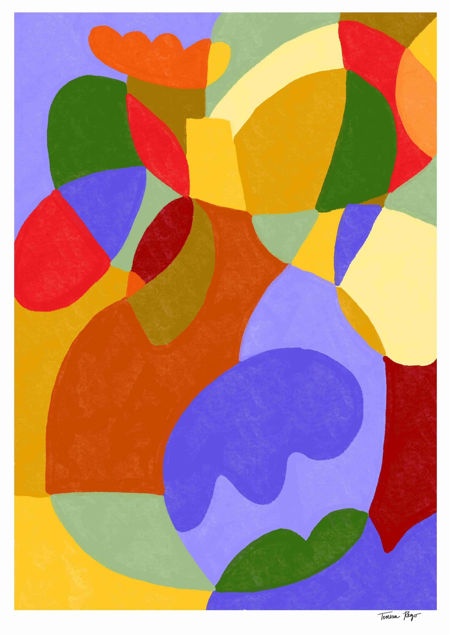 Abstract art print titled Lavender Autumn by Portuguese illustrator Teresa Rego, featuring bold, colorful organic shapes in red, lavender, yellow, and green – A3 print on 300g Munken paper.