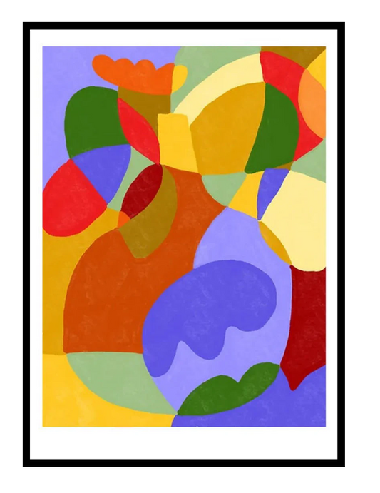 Lavender Autumn by Teresa Rego abstract colorful Giclée art print in A3 size featuring bold organic shapes in purple, orange, green and red for modern wall decor.