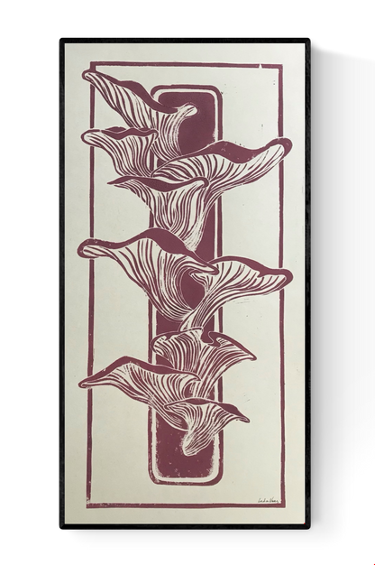 Handmade linocut print by Belgian artist Leda Vaes featuring flowing mushrooms growing on a piece of wood, carved in warm earthy tones, vertical composition, botanical natural art, minimalist organic wall decor, 25×50 cm linocut print.