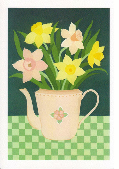 “Daffodils” by Belgian illustrator Leens – a botanical A4 digital print featuring a pastel floral teapot filled with yellow and pink daffodils, placed on a green checkered tablecloth with a dark green background.