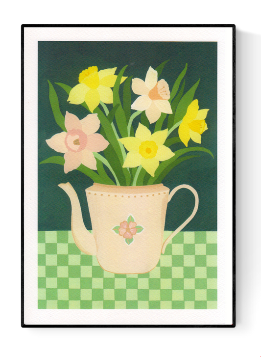 “Daffodils” by Belgian illustrator Leens – a botanical A4 digital print featuring a pastel floral teapot filled with yellow and pink daffodils, placed on a green checkered tablecloth with a dark green background.