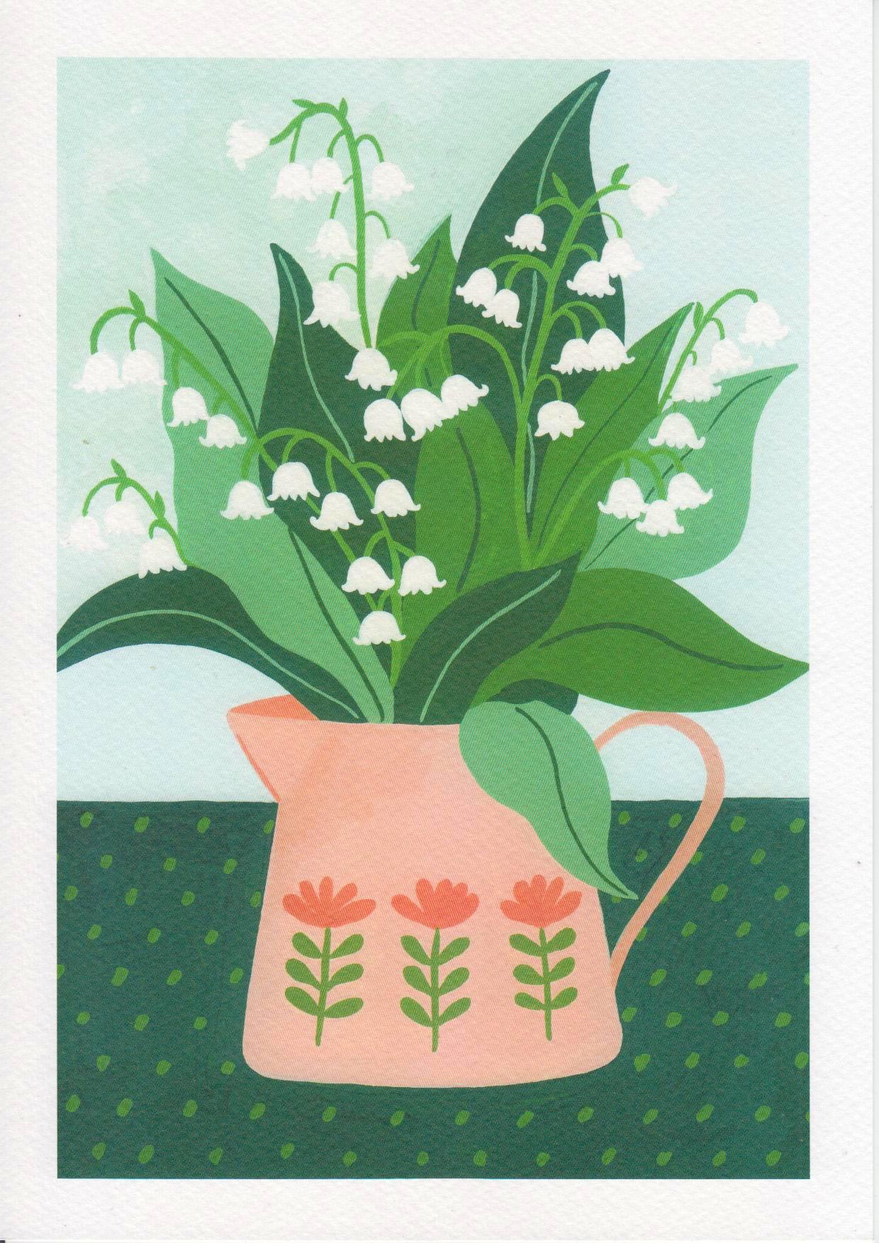 Floral digital art print titled “Lily of the Valley” by Belgian illustrator Leens, featuring white bell-shaped flowers and lush green leaves in a soft pink pitcher with folk flower motifs, printed on A4 textured art paper.
