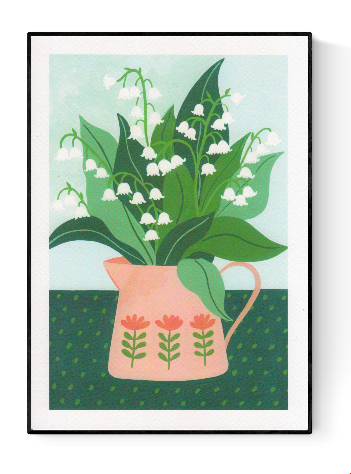 Floral digital art print titled “Lily of the Valley” by Belgian illustrator Leens, featuring white bell-shaped flowers and lush green leaves in a soft pink pitcher with folk flower motifs, printed on A4 textured art paper.