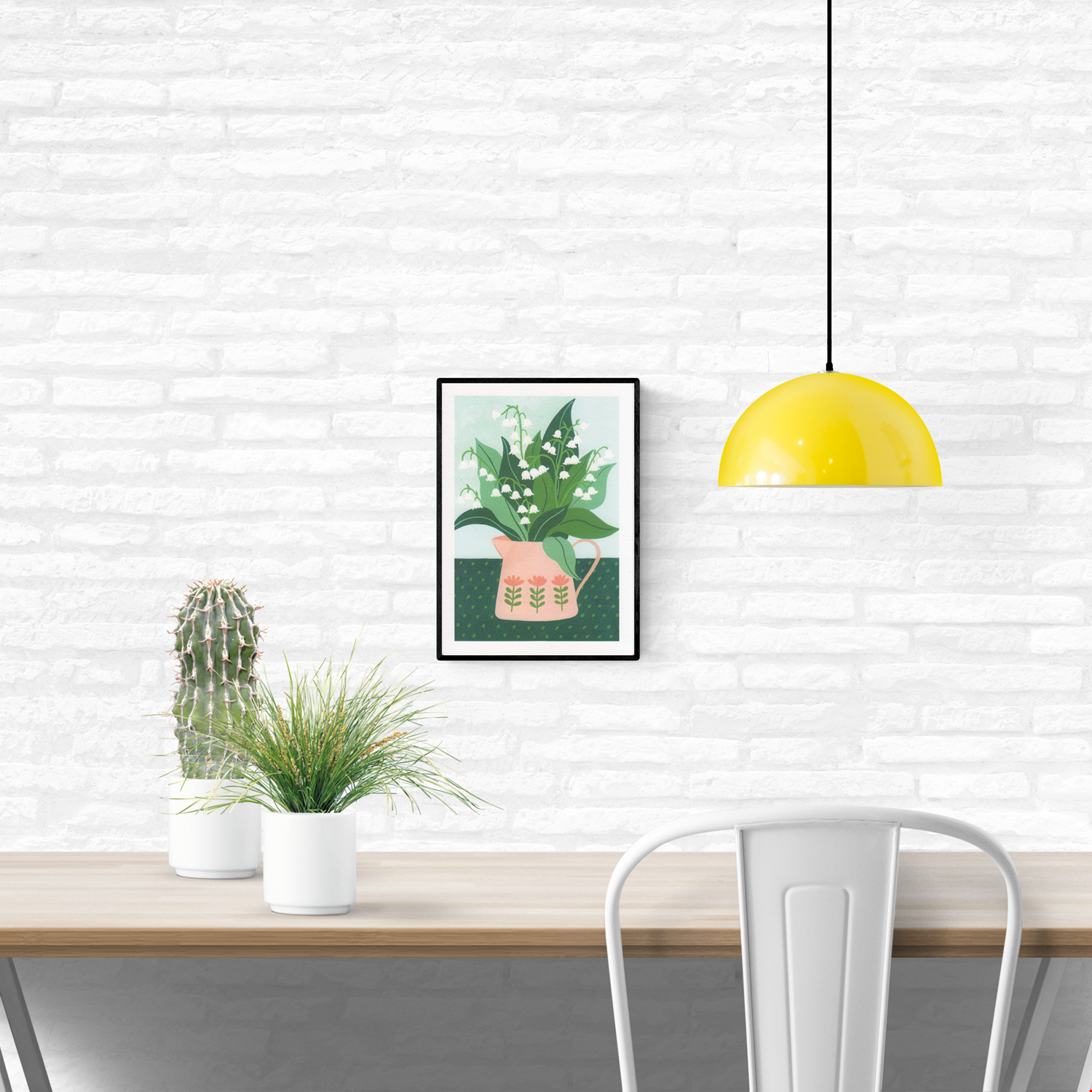 Floral digital art print titled “Lily of the Valley” by Belgian illustrator Leens, featuring white bell-shaped flowers and lush green leaves in a soft pink pitcher with folk flower motifs, printed on A4 textured art paper.