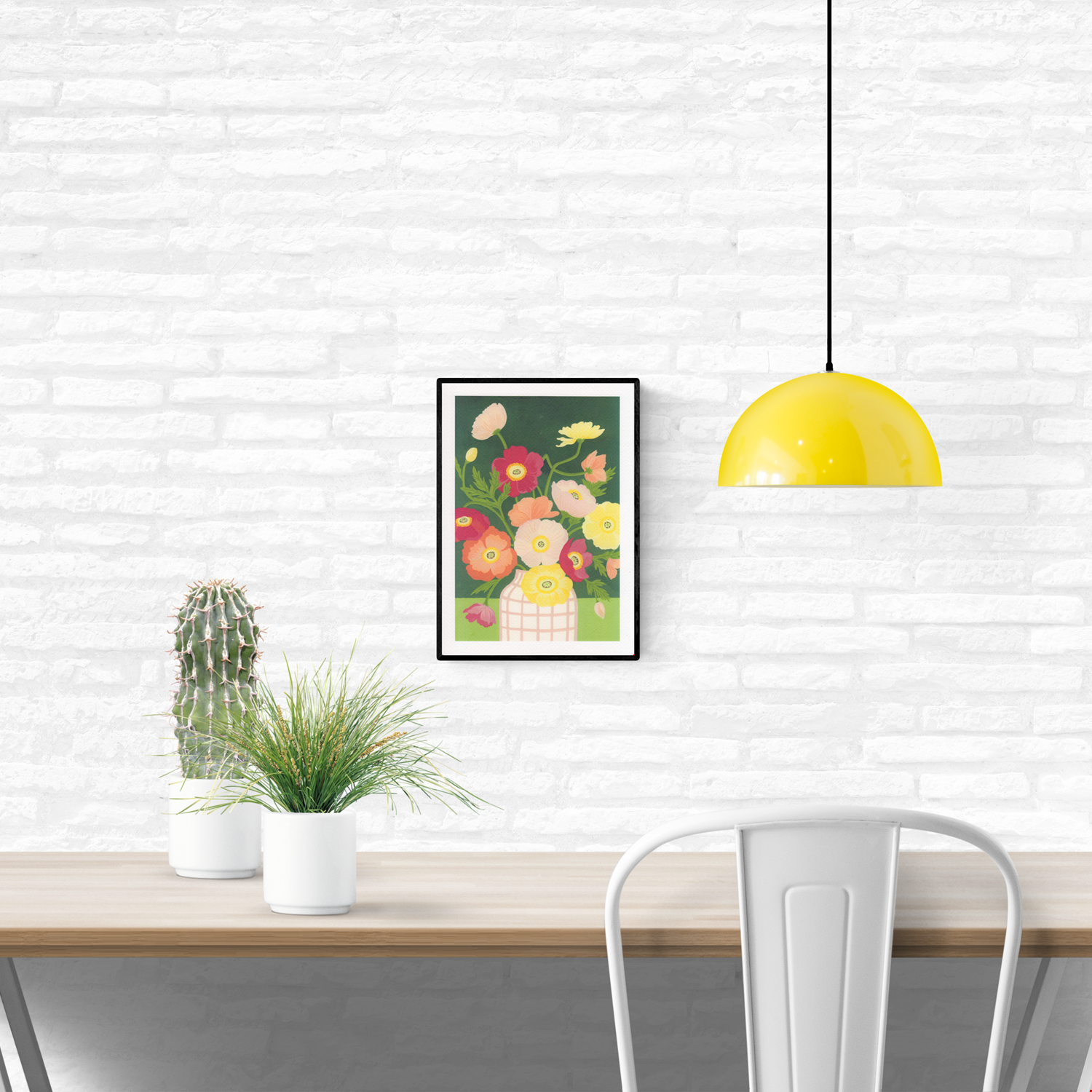 “Poppies” by Leens – vibrant A4 botanical art print featuring red, pink, yellow, and orange poppies in a checkered white vase on a green background, illustrated in a bright and playful modern style.