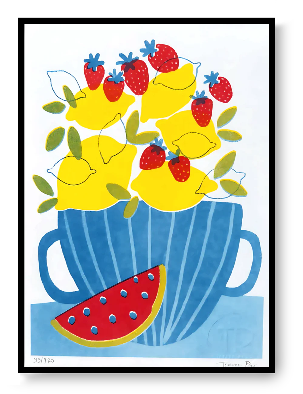 Teresa Rego Lemonade A5 risograph art print with bold yellow lemons, red strawberries and watermelon in blue cup, colorful contemporary kitchen wall art