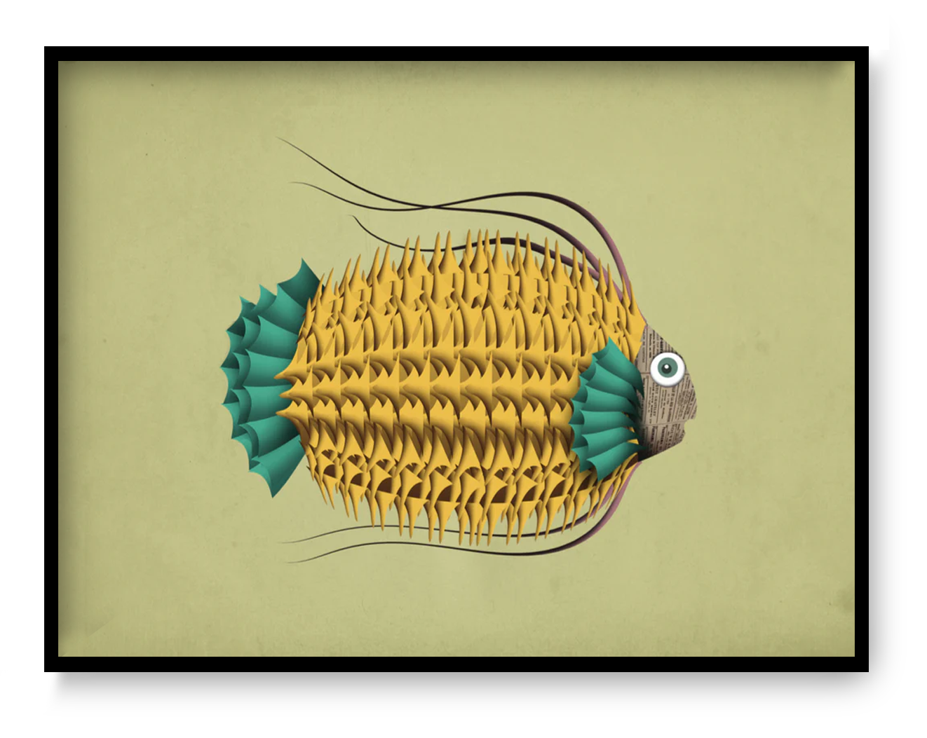 Leon Le Poisson fish art print by Studio Frits, A4 modern digital illustration with bold yellow scales and teal fins, playful contemporary wall art for design interiors