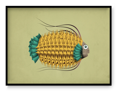 Leon Le Poisson fish art print by Studio Frits, A4 modern digital illustration with bold yellow scales and teal fins, playful contemporary wall art for design interiors