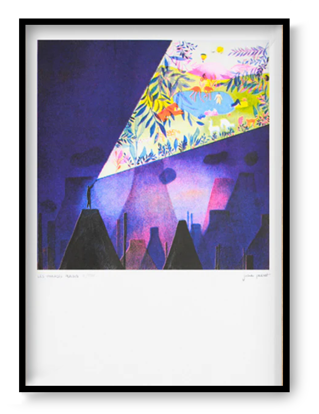 A3 limited edition risograph art print “Les Paradis Perdus” by Julie Pernet featuring a dark cityscape contrasted with a vibrant abstract paradise, modern contemporary wall art for design interiors.